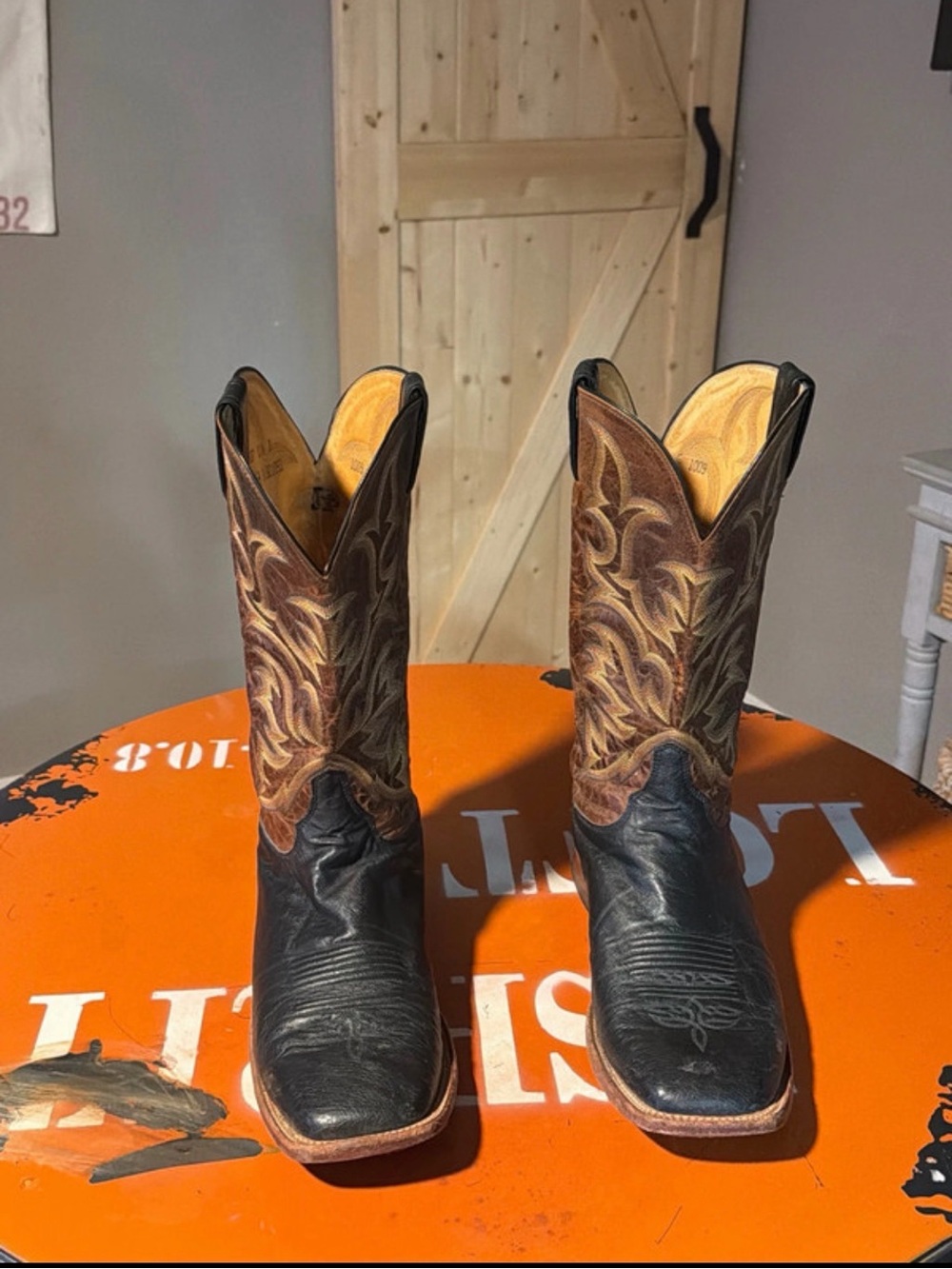 Justin Boots Black Foot with Brown Embroidered Shaft Cowboy Boots 11.5 D